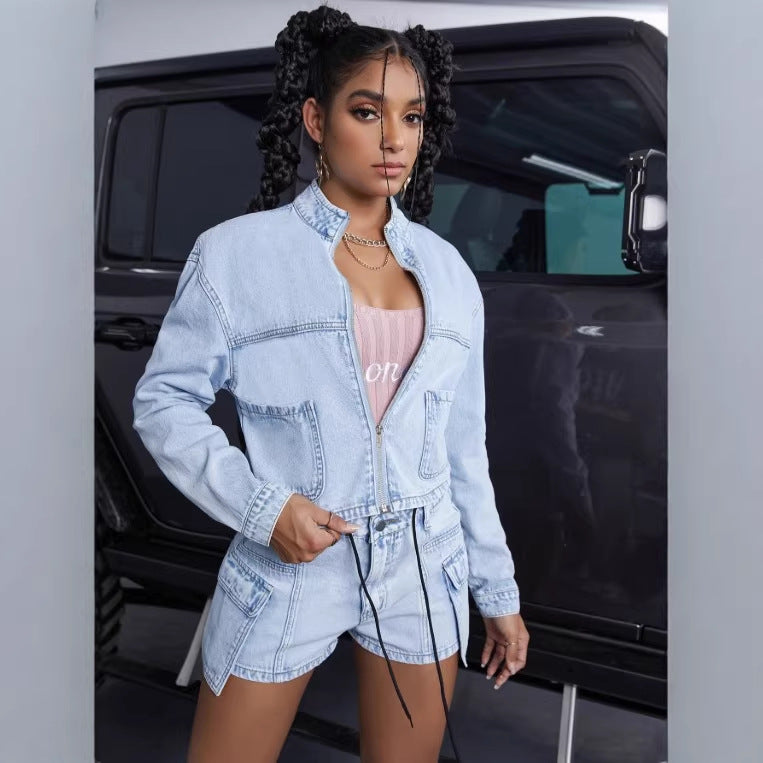 Women's short denim set with cropped jacket and cargo shorts Chichicherry