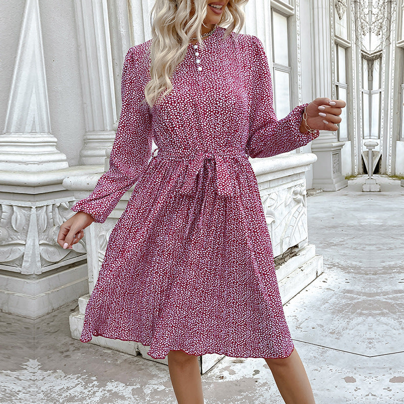 Women's midi dress with stand-up collar, waist belt, and long sleeves Chichicherry