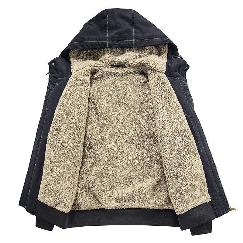 Men's Hooded Canvas Jacket with Sherpa Lining, Windproof and Utility Pockets Chichicherry