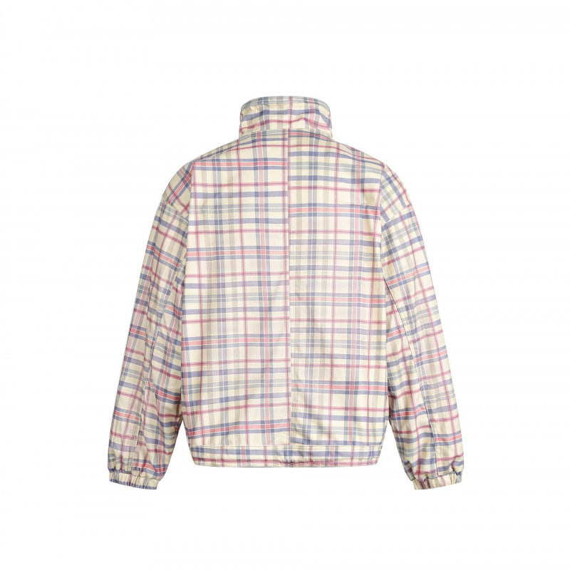 Women Lightweight Checkered Stand Collar Jacket with Drawstring and Flap Pockets Chichicherry