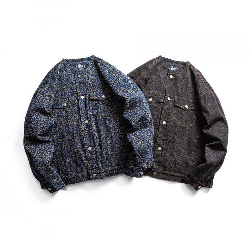 Men's Round Neck Denim Jacket in Boxy Cut with Contrast Stitching and Flap Pockets Chichicherry