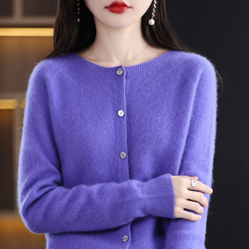 Ladies Short-Cut Cardigan in Mohair Look with Round Neckline and Pearl Buttons Chichicherry