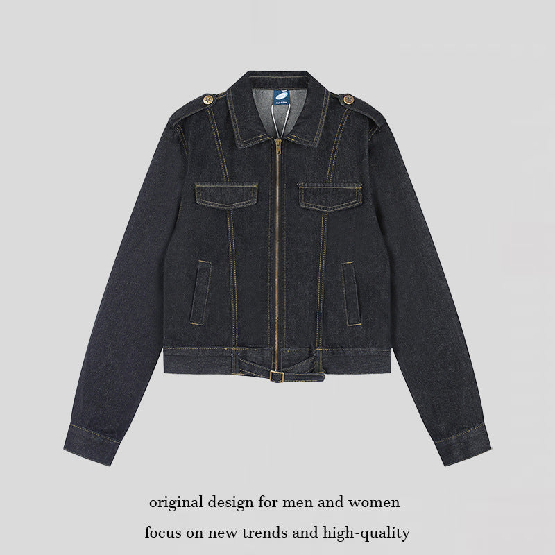 Women Short Cut Denim Jacket with Epaulettes, Zipper and Waist Belt Chichicherry