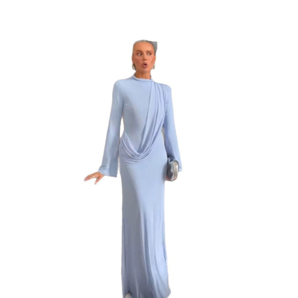 Women's Maxi Dress with Draped Front, Stand Collar and Bell Sleeves Chichicherry