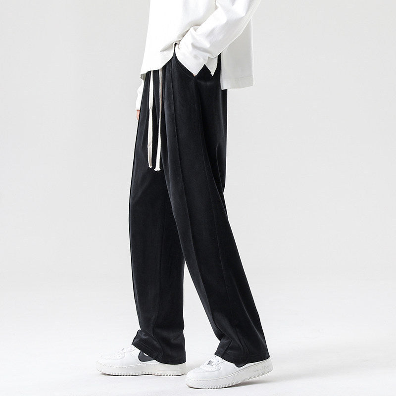 Men's Wide Velvet Jogging Pants with Elastic Waistband and Drawstring Chichicherry