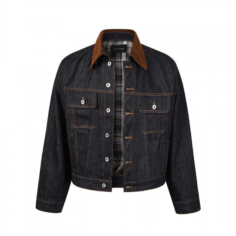 Men's Boxy Denim Jacket with Corduroy Collar and Checked Lining Chichicherry