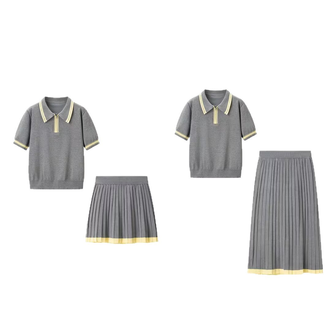 Women's two-piece knitted set with polo shirt and pleated midi skirt Chichicherry