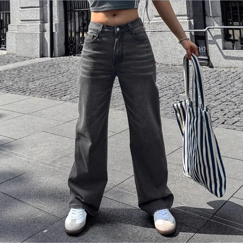 Ladies Wide High-Waist Denim Pants with Straight Leg and Vintage Stitching Chichicherry