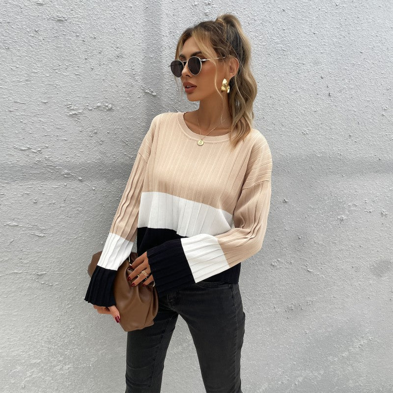Women Ribbed Colorblock Sweater with Wide Cuff Sleeve Chichicherry
