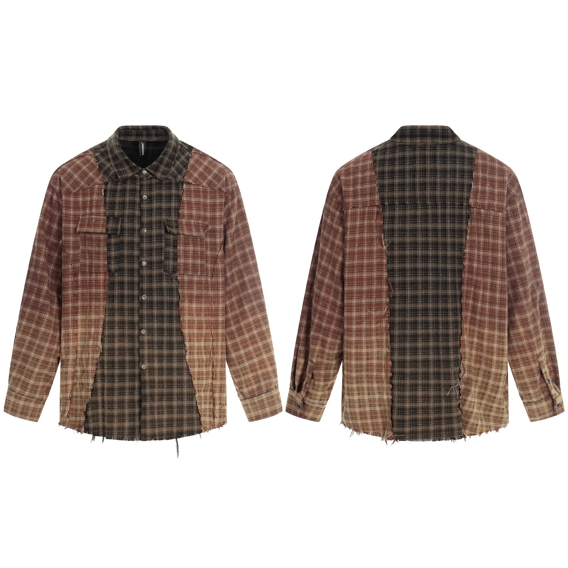 Men's Patchwork Flannel Overshirt with Frayed Edges Chichicherry