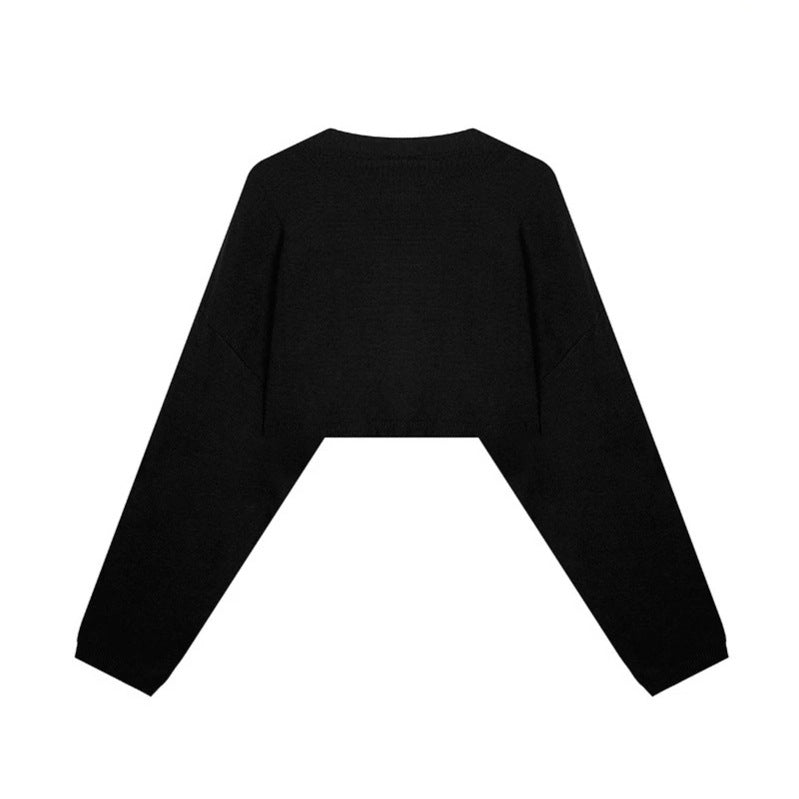 Women's Cropped Knit Sweater with Wide Raglan Sleeves and Statement Print Chichicherry