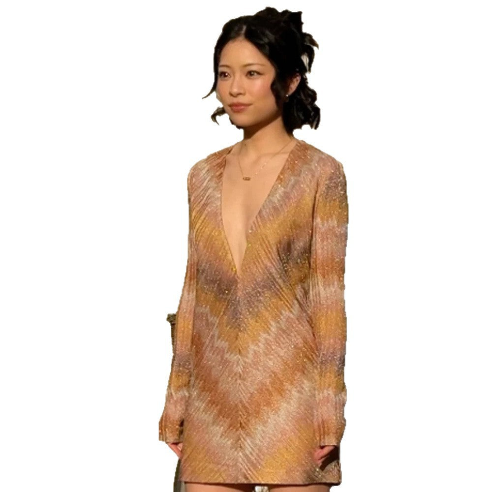 Women Sparkling Knit Mini Dress with Deep V-Neck Chichicherry