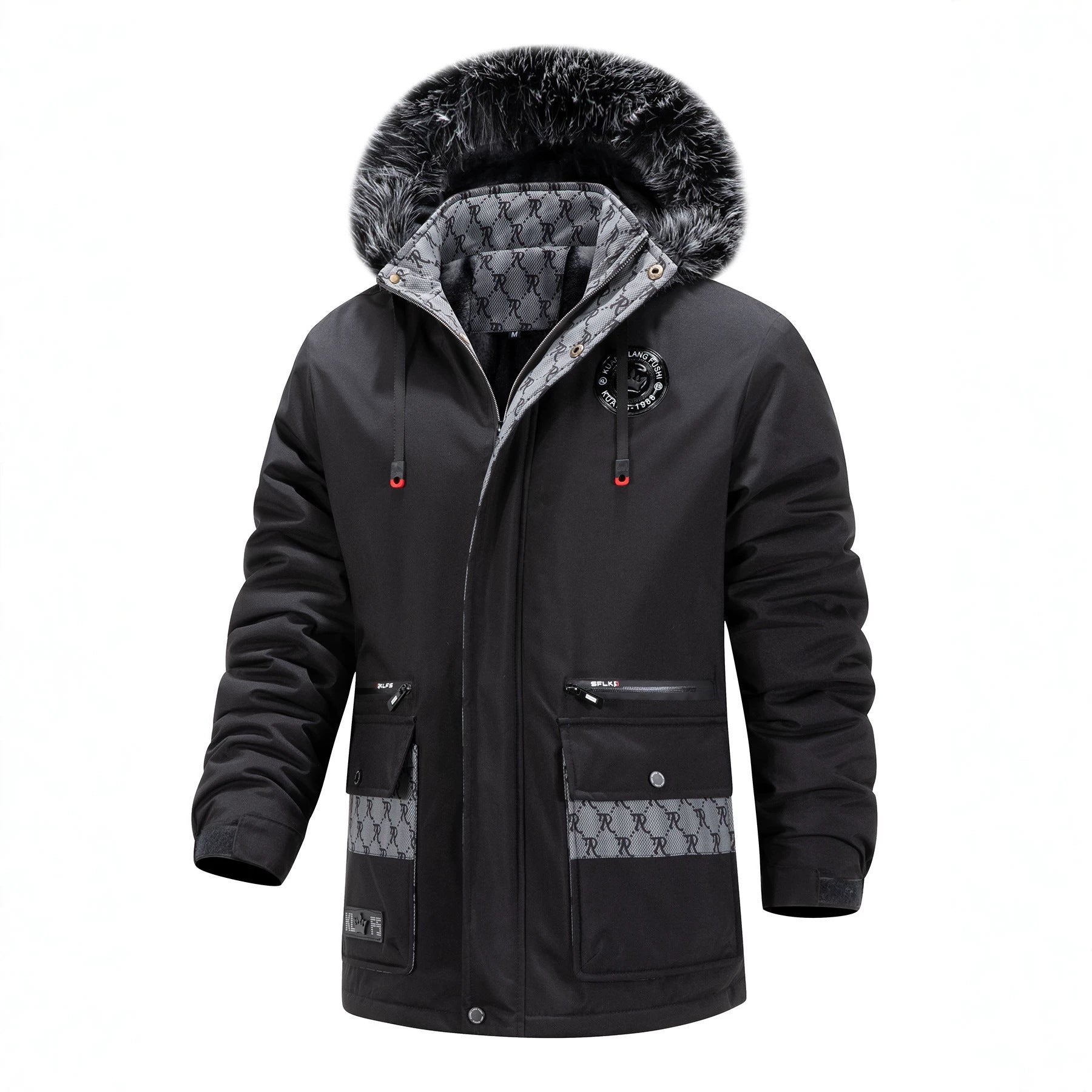 Men's Long Thermal Parka with Hood, Logo Lining and Multifunctional Pockets Chichicherry