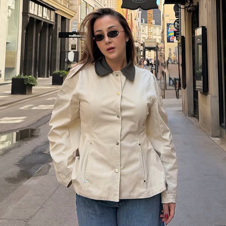 Women's fitted lightweight transition jacket with peplum and contrasting shirt collar Chichicherry