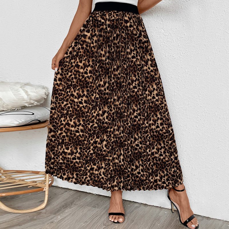 Women's Pleated Maxi Skirt with Leopard Print and Elastic Waistband Chichicherry