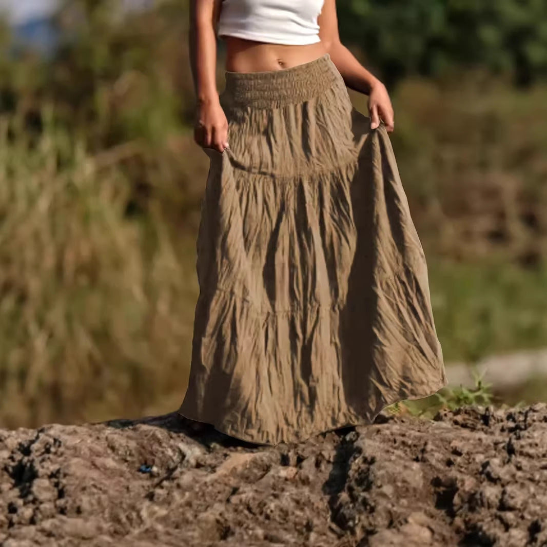 Women's maxi skirt with tiers, gathered smocked waistband and airy crinkle fabric Chichicherry