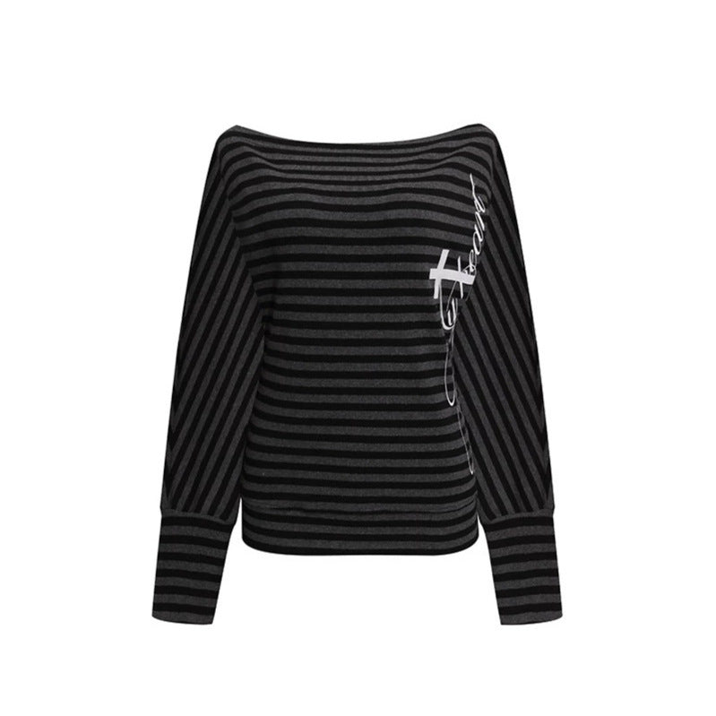 Women's Figure-hugging Striped Long Sleeve Shirt with Wide Boat Neck and Cropped Batwing Sleeves Chichicherry
