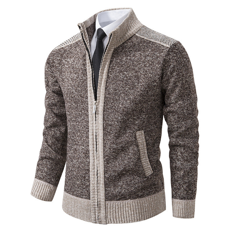 Men's cardigan with zipper, stand-up collar and contrast-trimmed shoulders Chichicherry