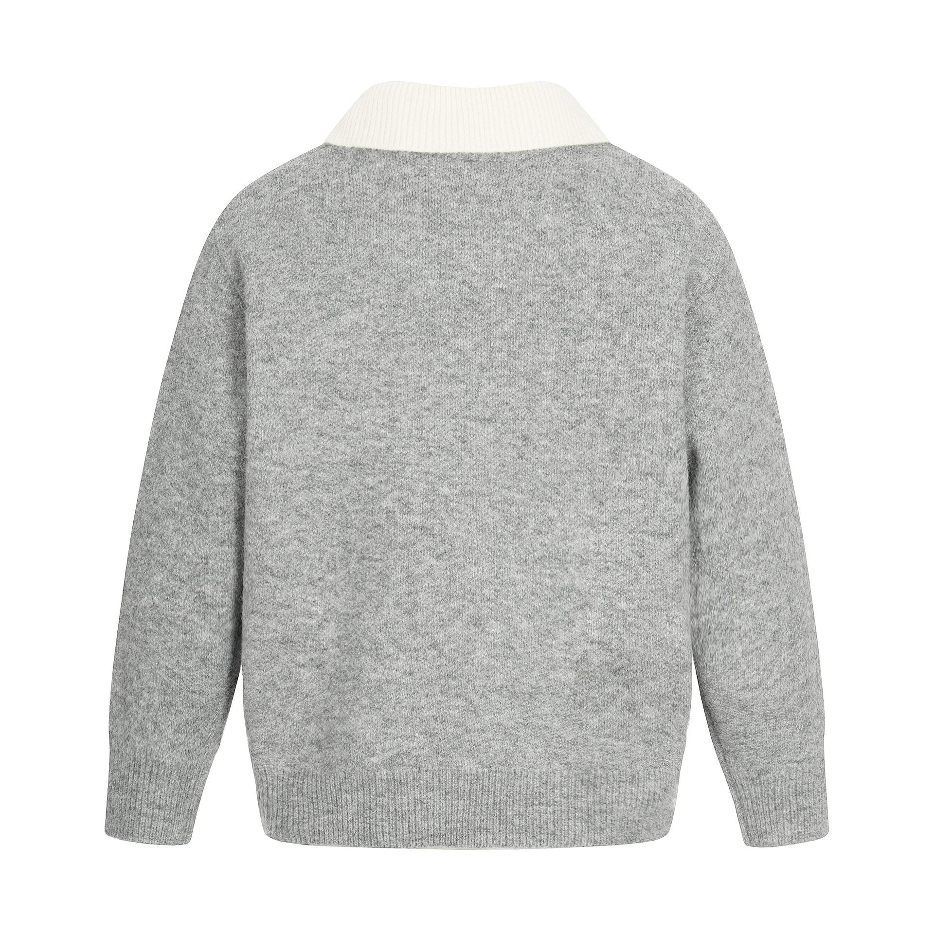 Women Oversize Wool Blend Sweater with Contrast Polo Collar and V-Neck Chichicherry