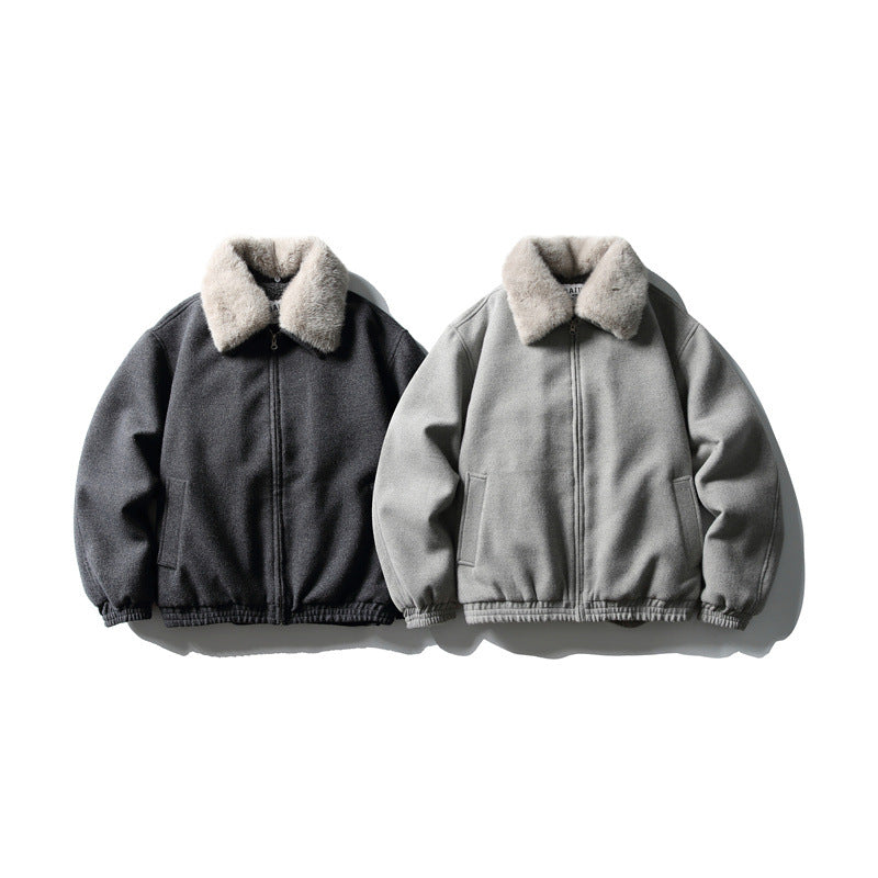 Men's Short Boxy Wool Blend Pilot Jacket with Faux Fur Collar and Elastic Hem Chichicherry