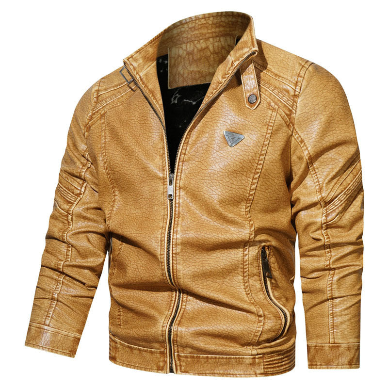 Men's Faux Leather Bomber Jacket in Used Denim Look with Stand Collar and Zipper Pockets Chichicherry