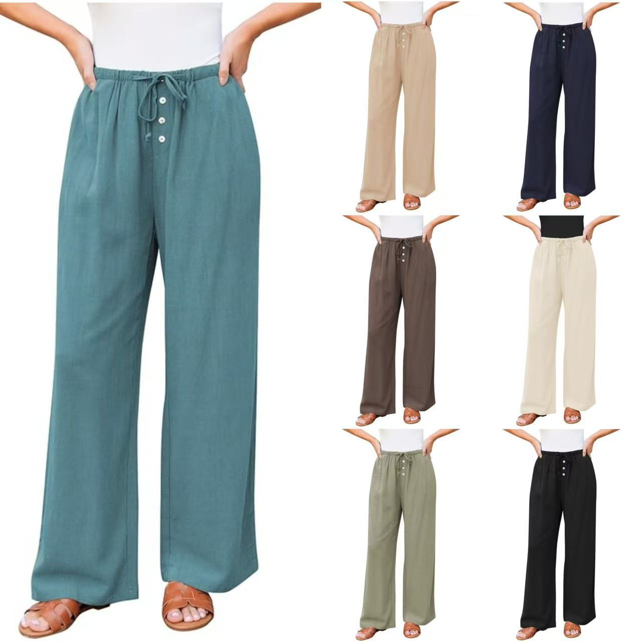 Women Linen-Look Pants with Wide Leg, Elastic Waist, Drawstring and Button Detail Chichicherry