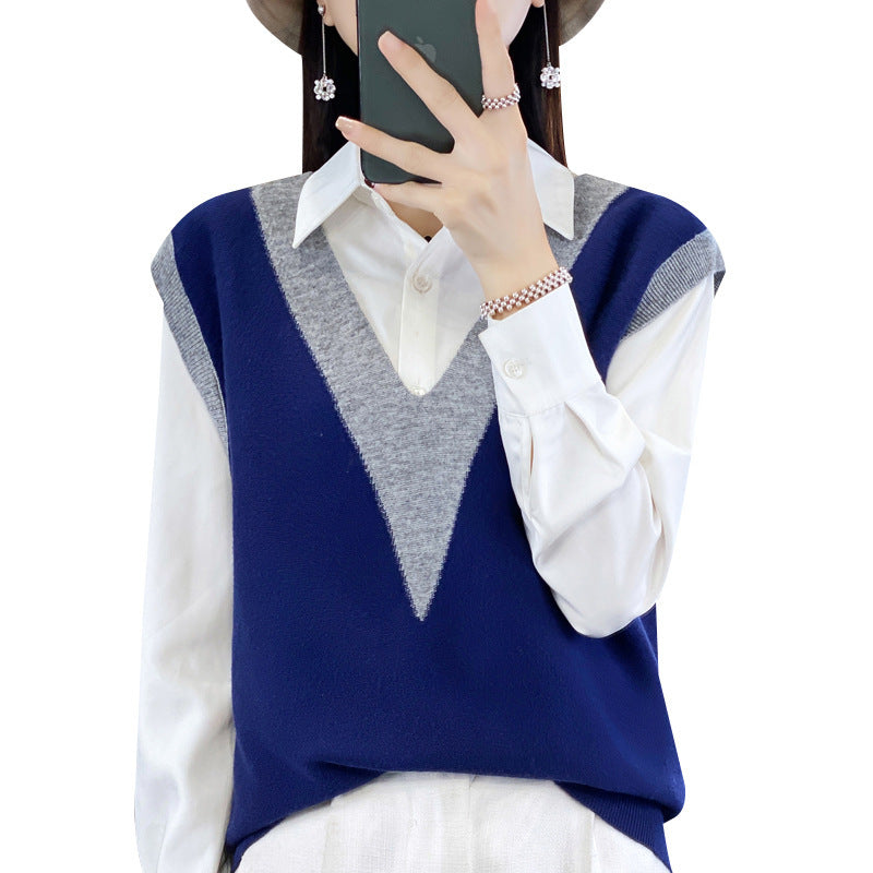 Women's Structured Fine Knit Long Vest with Deep V-Neck and Contrasting V-Panel Chichicherry