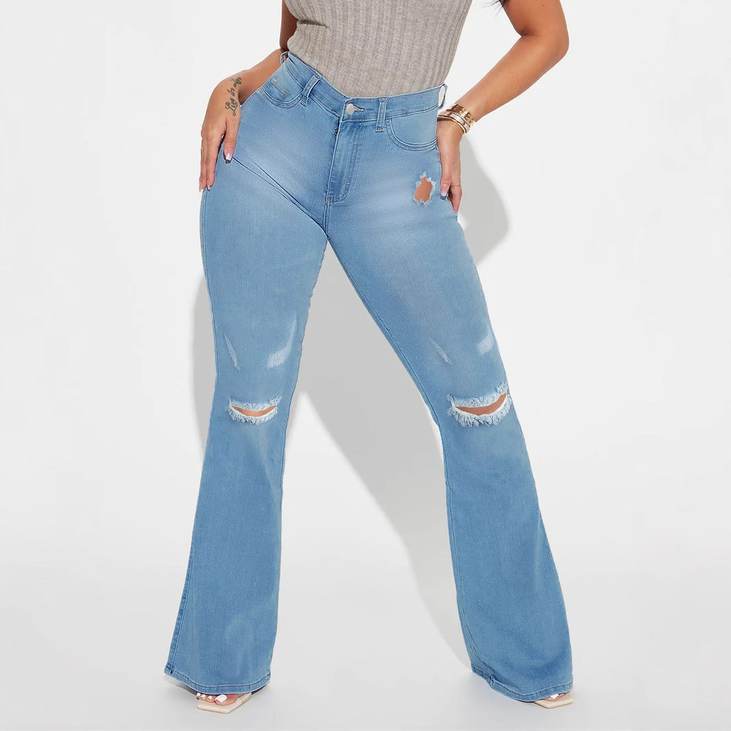 Women's High-Waist Flared Jeans with sculpting waistband and subtle knee rips Chichicherry