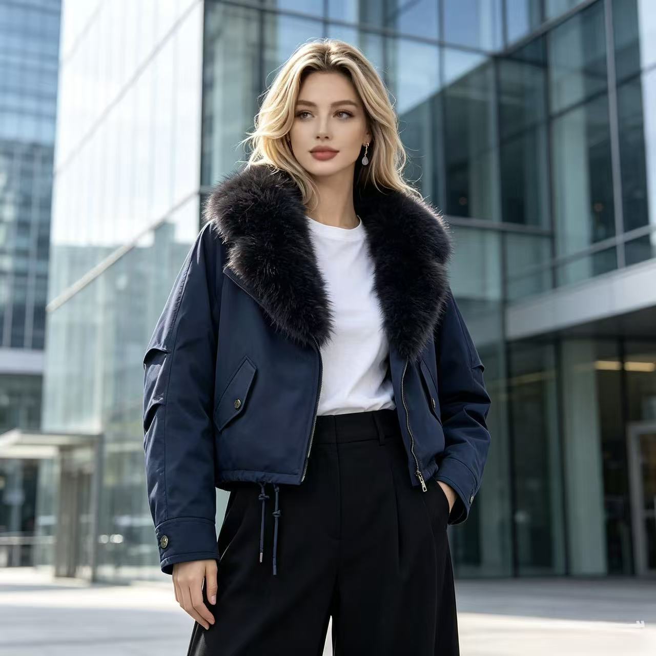 Women's short bomber jacket with voluminous faux fur collar, drawstring hem, and flap pockets Chichicherry