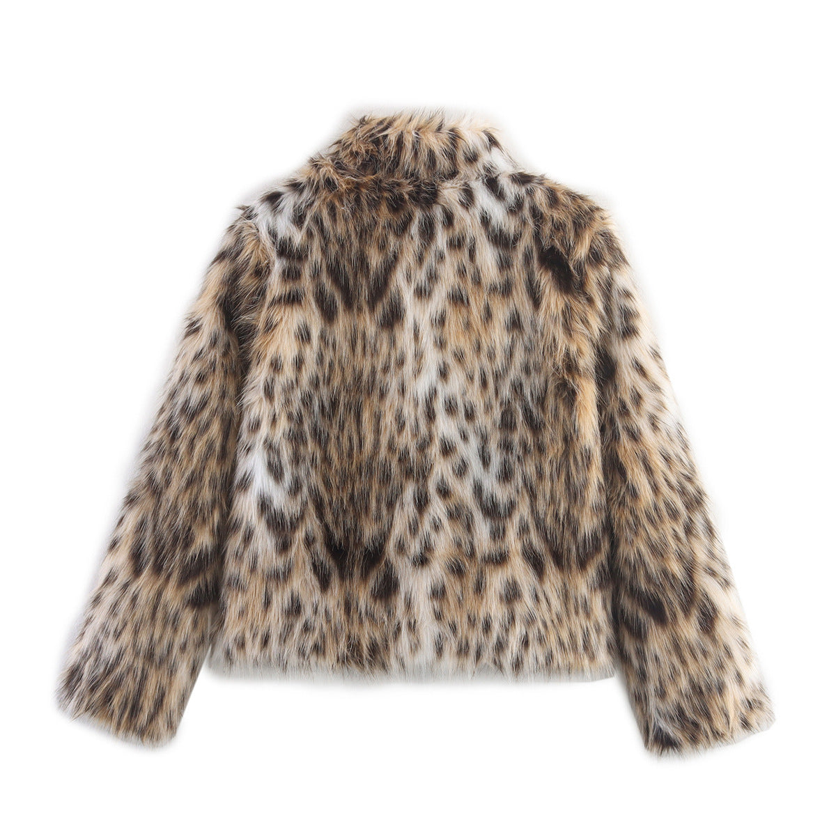 Women's short jacket made of faux fur in leopard print with boxy cut and stand-up collar Chichicherry