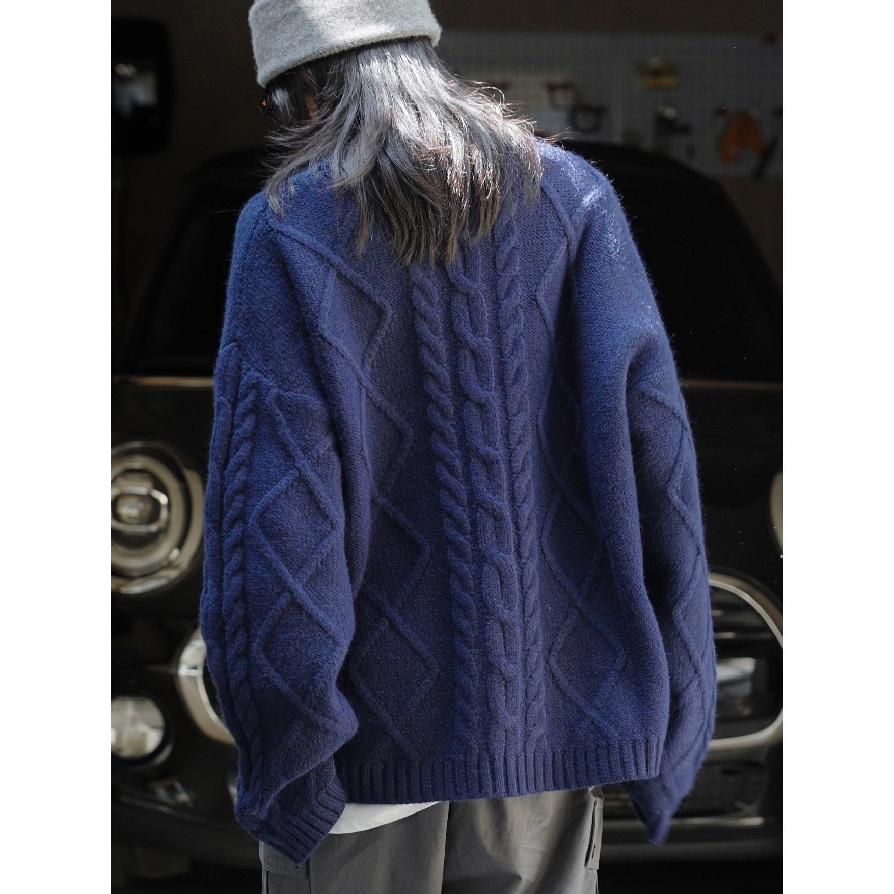 Women's Oversized Chunky Knit Sweater with Distinctive Cable Pattern and Ribbed Cuffs Chichicherry