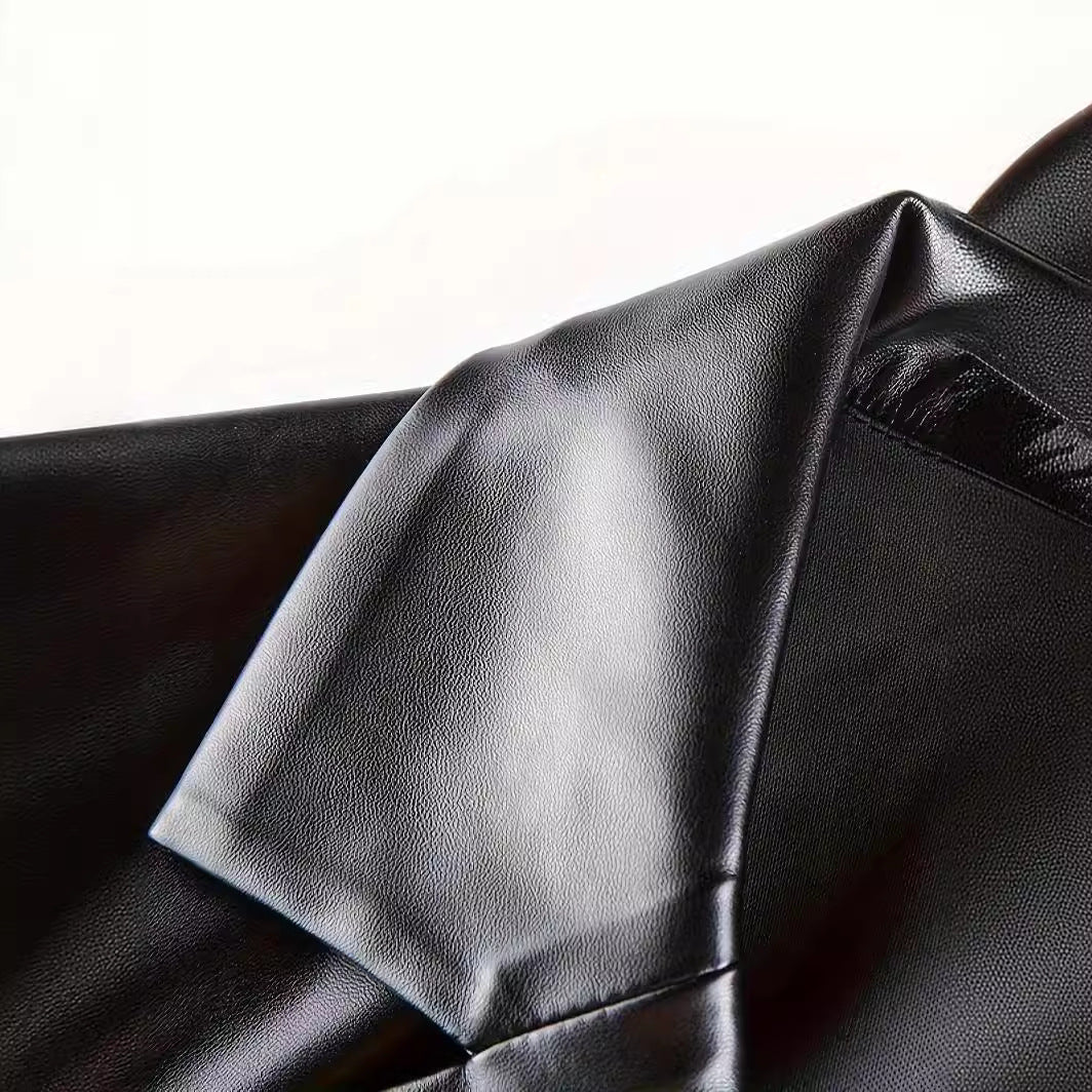 Women's Oversized Leather Look Blazer with Emphasized Shoulder Section and Glossy Finish Chichicherry