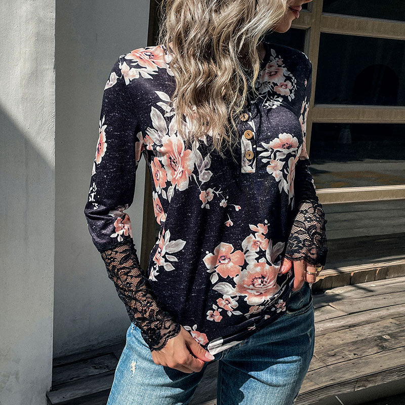 Women's Henley top with rose print, lace cuffs and decorative button placket Chichicherry