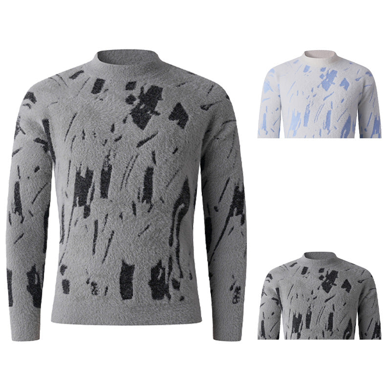 Men's Structured Mock Neck Sweater with Abstract Brush Pattern Chichicherry