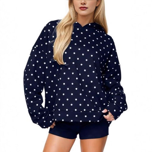 Women Polka Dot Oversized Hoodie with Kangaroo Pocket Chichicherry