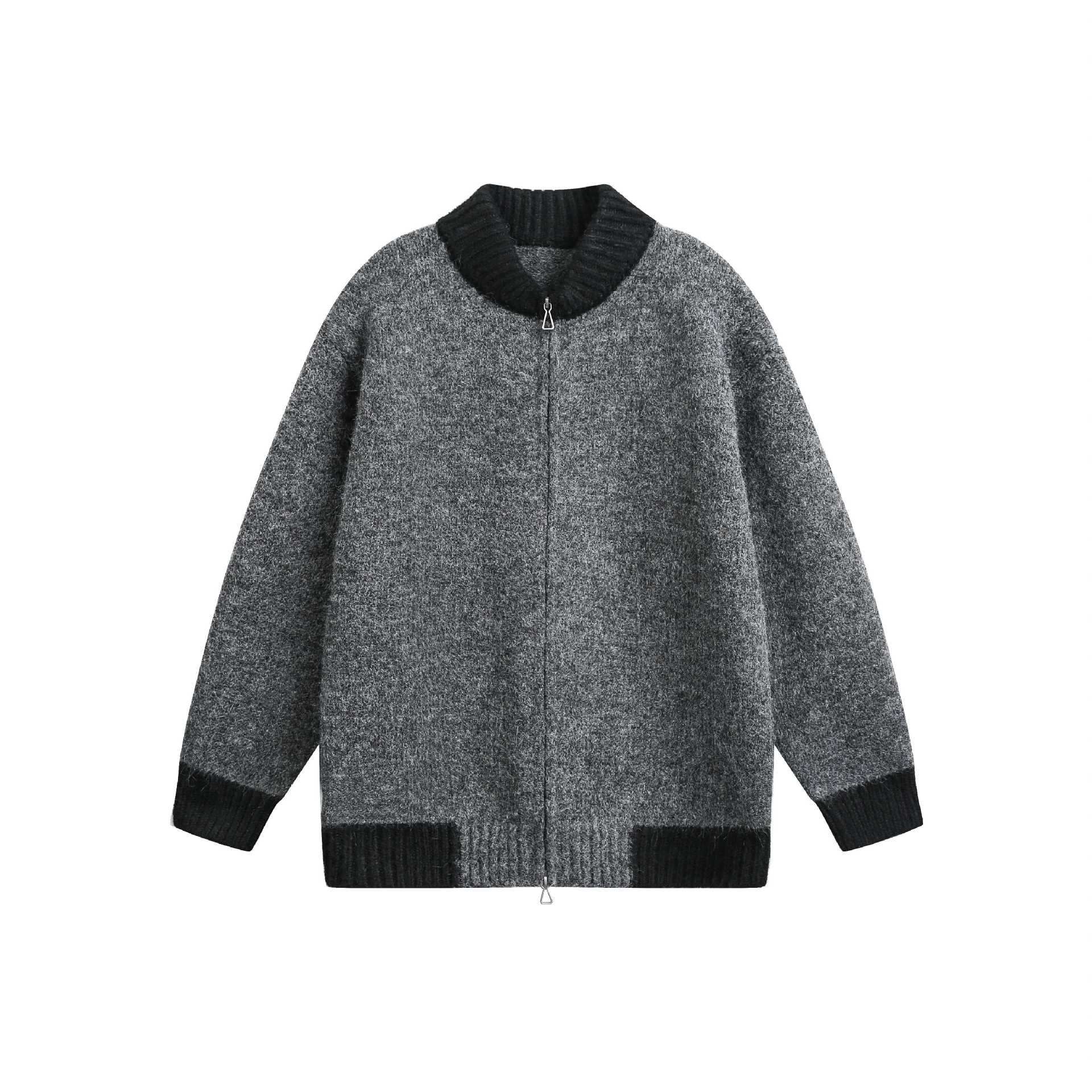 Women's chunky knit zip jacket with high ribbed collar and two-tone cuffs Chichicherry