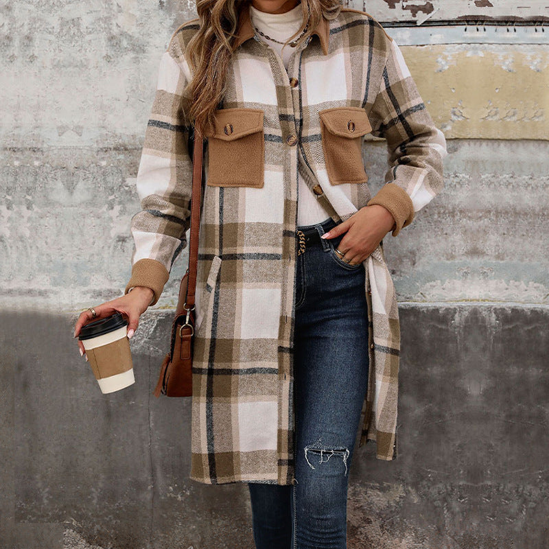 Women's long overshirt jacket in checkered flannel look with patch pockets Chichicherry