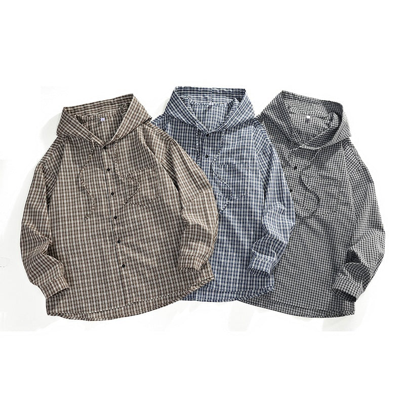 Men's Checked Overshirt Hoodie made of Cotton Blend with Hood & Relaxed Fit Chichicherry