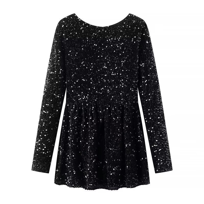 Women's Sequin-Embellished Velvet Mini Dress with Flattering Corset and Flared Skirt Chichicherry