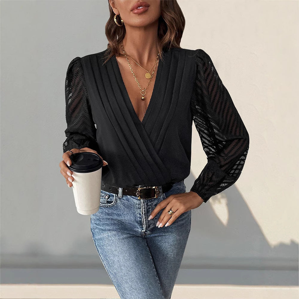 Women's Elegant Wrap Blouse with Pleated V-Neck and Transparent Chevron Sleeves Chichicherry
