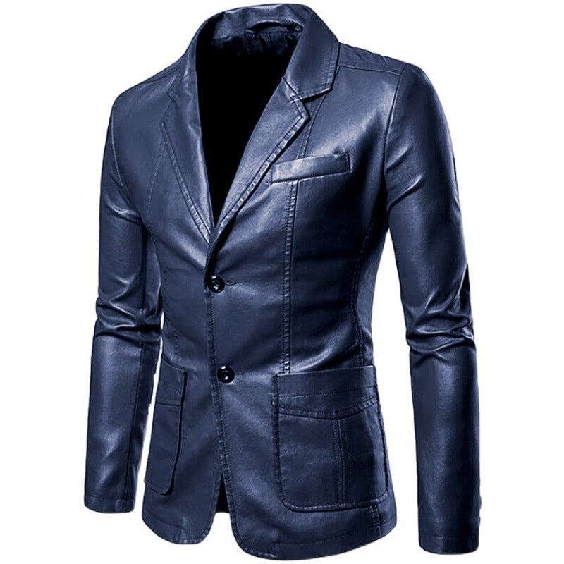 Men's faux leather blazer jacket slim fit with lapel collar and patch pockets Chichicherry