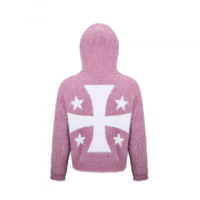 Unisex Fluffy Hoodie with Unicorn Motif and Continuous Zipper Chichicherry