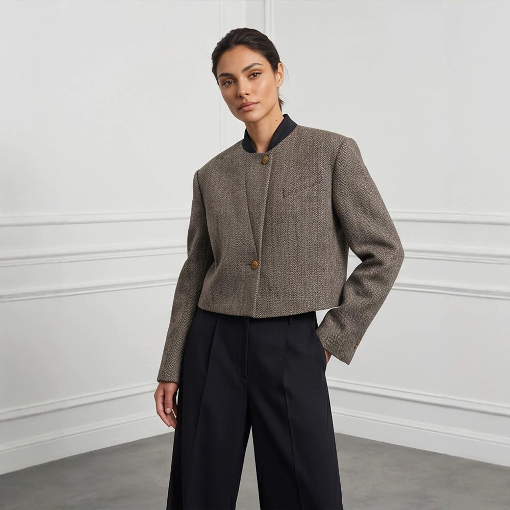 Ladies Short Cut Wool Blazer with Stand-up Collar and Herringbone Pattern Chichicherry