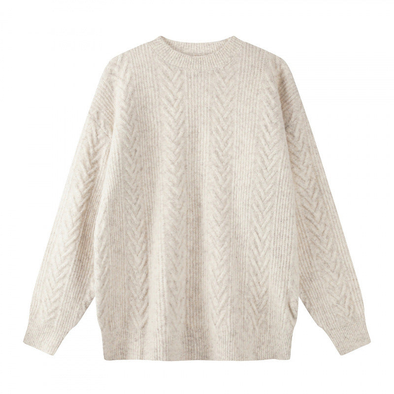 Unisex Oversized Chunky Knit Sweater with Herringbone Pattern and Round Neck Chichicherry