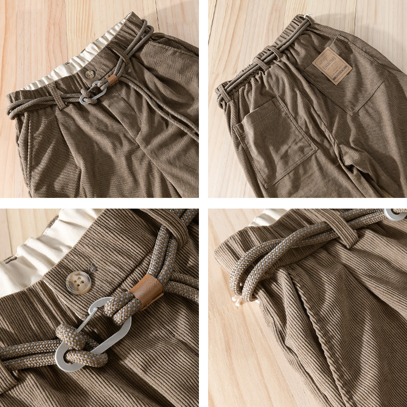 Men's Fine Cord Tapered Pants with Elastic Waistband, Drawstring and Rolled Hem Chichicherry