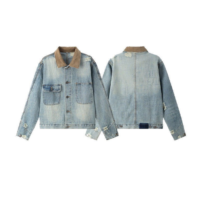 Unisex Boxy Denim jacket in Worker look with cord collar, used effect and large breast pockets Chichicherry