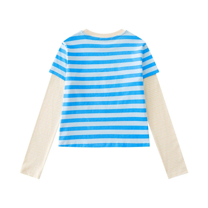 Women's Layered Long Sleeve Shirt in Layer Look with Contrasting Striped Sleeves and Typographic Print Chichicherry