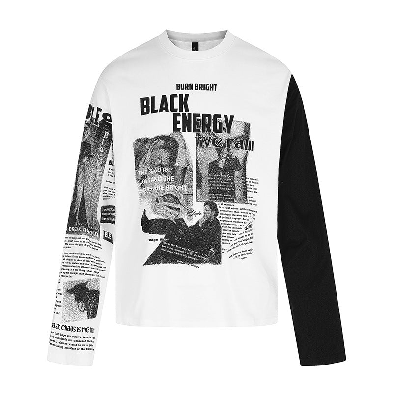 Men's Long Sleeve Shirt with Asymmetrical Contrast Sleeves and Photo Collage Print Chichicherry