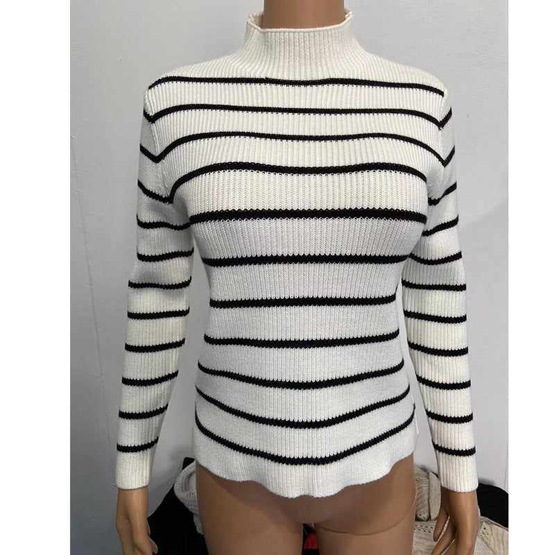 Women's fine knit sweater with short stand-up collar, ribbed texture, and maritime stripes Chichicherry