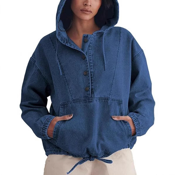 Women's Jeans Half Jacket with Hood, Kangaroo Pocket and Drawstring Chichicherry